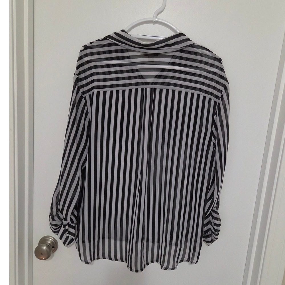 Decree Black White Striped Button Up Blouse XL Roll Tab Sleeve Sheer Top - Picture 2 of 6